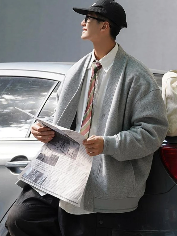 

С карманами, свободные весенне-осенние толстовки для мужчин, офисная забавная новинка и Overfit, корейский стиль, без бренда S, теплый мужской пуловер