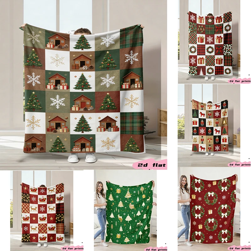 Christmas Patchwork Throw Blanket Tree Snowflake Cabin Festive Holiday Art Graphic Blanket for Indoor Couch Bedroom Home Space
