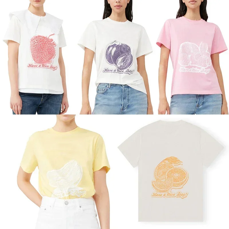 

Denmark Spot 2023 New Grape Apple Fruit Series Printed Round Neck Short Sleeve Cotton T-shirt Blouse Woman