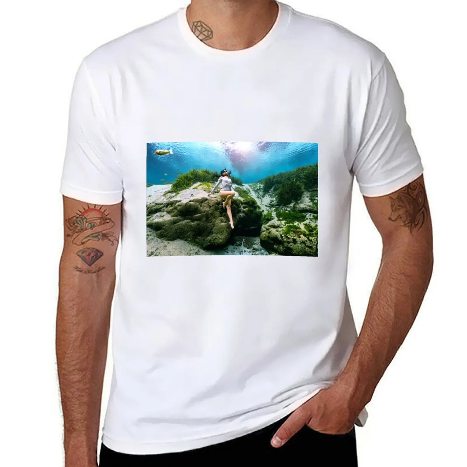 

Underwater model sitting on hill side T-Shirt t shirts for man slim fit cotton t shirt pack T-shirt