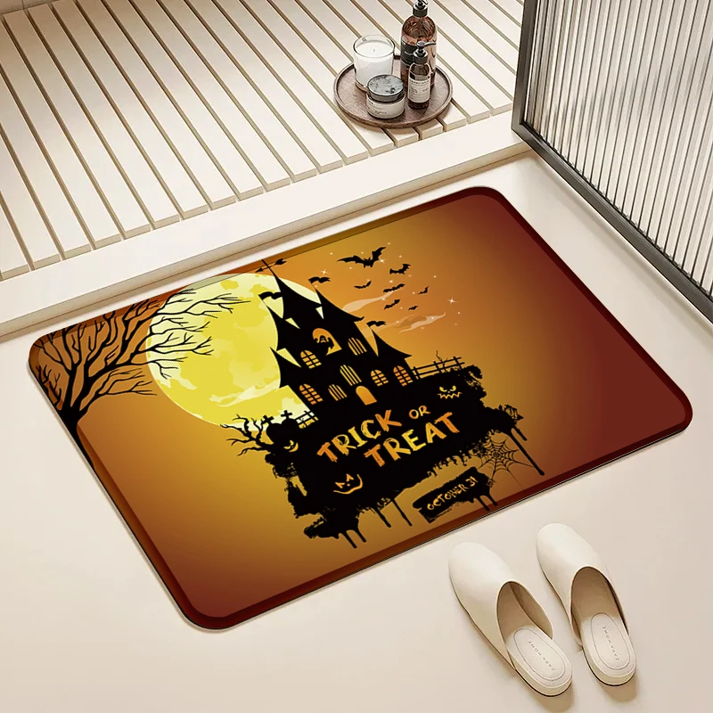 

Trick Or Treat Halloween Doormat Haunted House Bat Full Moon Non-Slip Floor Mat Home Entrance Door Rug Holiday Decor