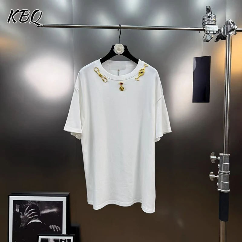 

KBQ однотонные свободные повседневные футболки из сращенного металла для женщин, темпераментные топы с круглым вырезом и короткими рукавами, женская мода, осенний стиль