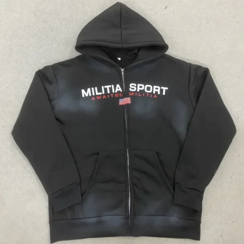 الخريف الشتاء المألوف الشارع فضفاض الترفيه هوديي الرجال الملابس النسائية العلم الأوروبي الأمريكي تصميم رسالة مطبوعة معطف أعلى #5