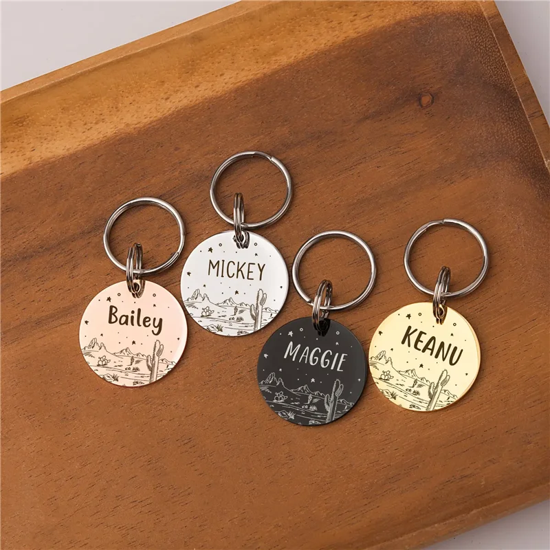 Personalized Cat Dog ID Tag Desert Stars with Cute Cactus Engraved Front and Back for Custom Pets Collar Anti-Lost Metal Charm