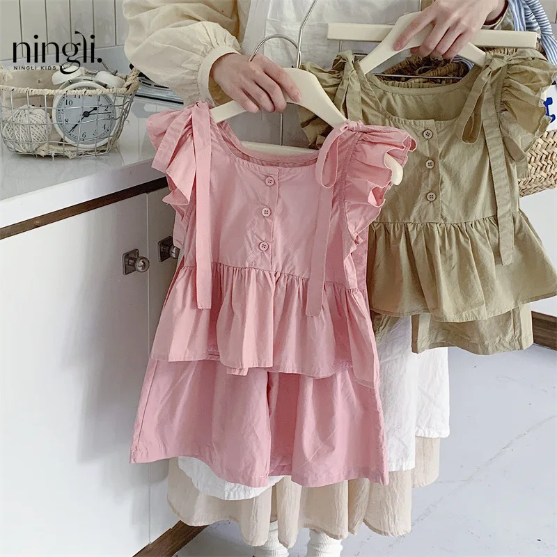 Girls' Summer Suits New Children's Flounced Sleeve Top Shorts Children's Summer Clothing Two-Piece Set Girls' Summer