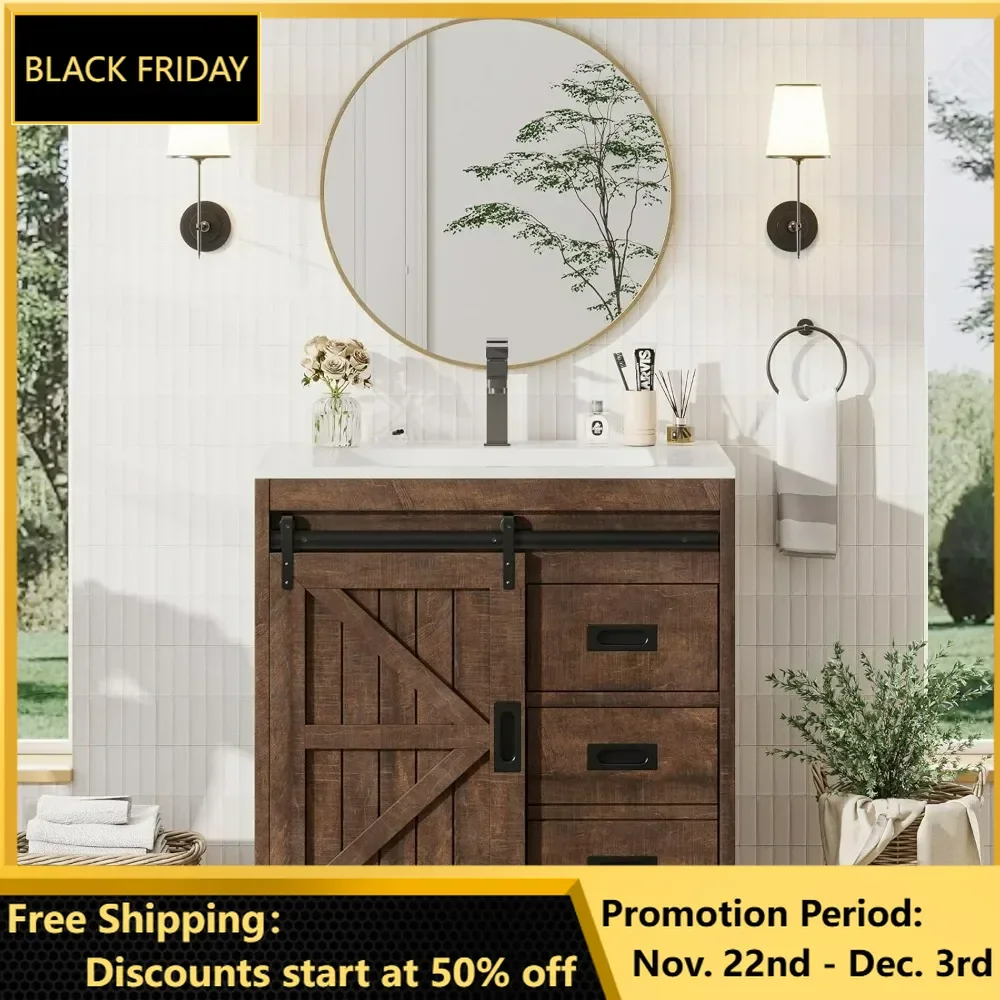 

bathroom organizers, Bathroom Vanity with Sink Combo, Sliding Barn Door Bathroom Vanity Cabinet Set with Storage Drawers, Metal