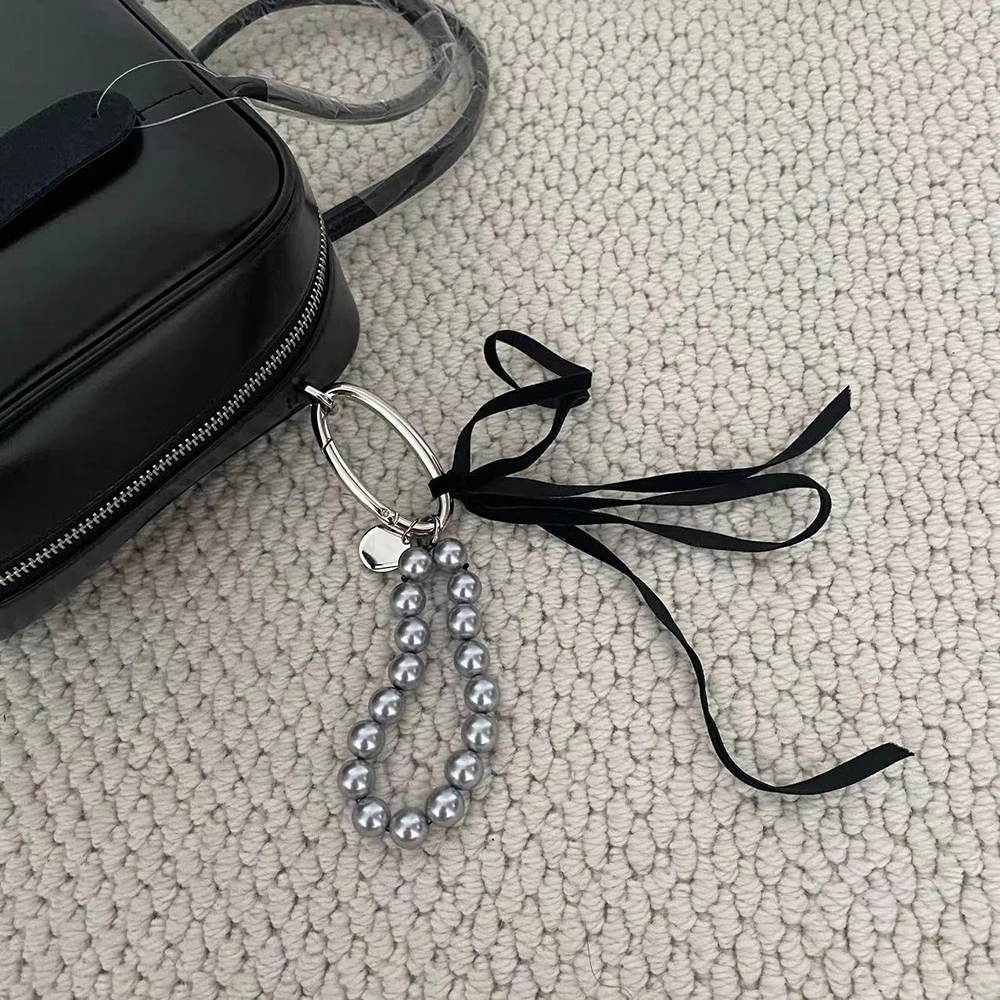 Ins Style Pearl Beads Key Chain Ribbon Bowknot Bag Decor Phone Ornament Mobile Phone Keychain Key Rings Jewelry Accessories