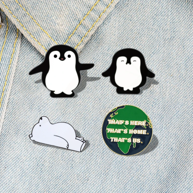 Penguin Polar Bear Pines Protect Environment Earth Badges Bag Lapel Pins Fashion Jewelry Gifts Cartoon Animal Enamel Brooch Cute