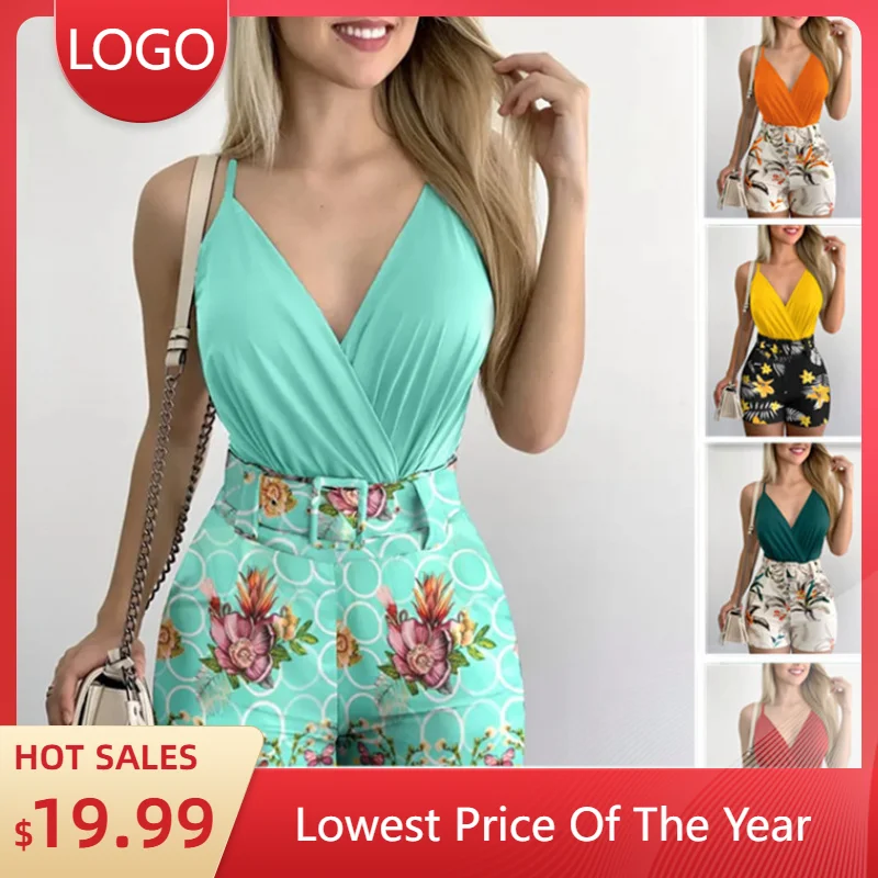 

2022New European and American Cross-Border Women's Fashion V Collared Camisole and Plant Print Shorts Set with Belt