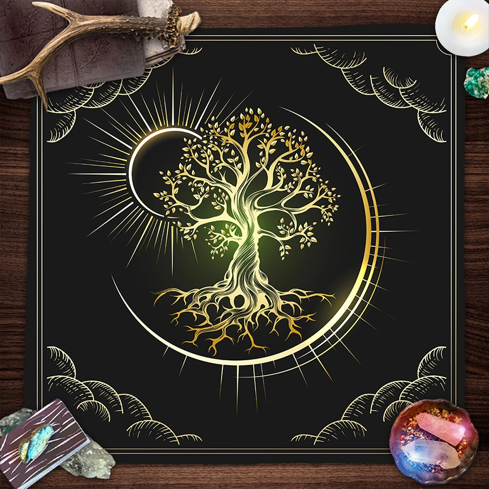 Sun Moon Tree Of Life Tarot Card Tablecloth Witch Wicca Altar Cloth Golden Table Cloth For Tarot Board Game Card Pad Home Decor