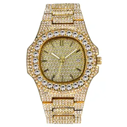 Men Hip Hop Full Diamond Luxury Brand Watches Fashion Alloy Band Golden Date Quartz Vintage Watch Montres de Marque de Luxe 2024