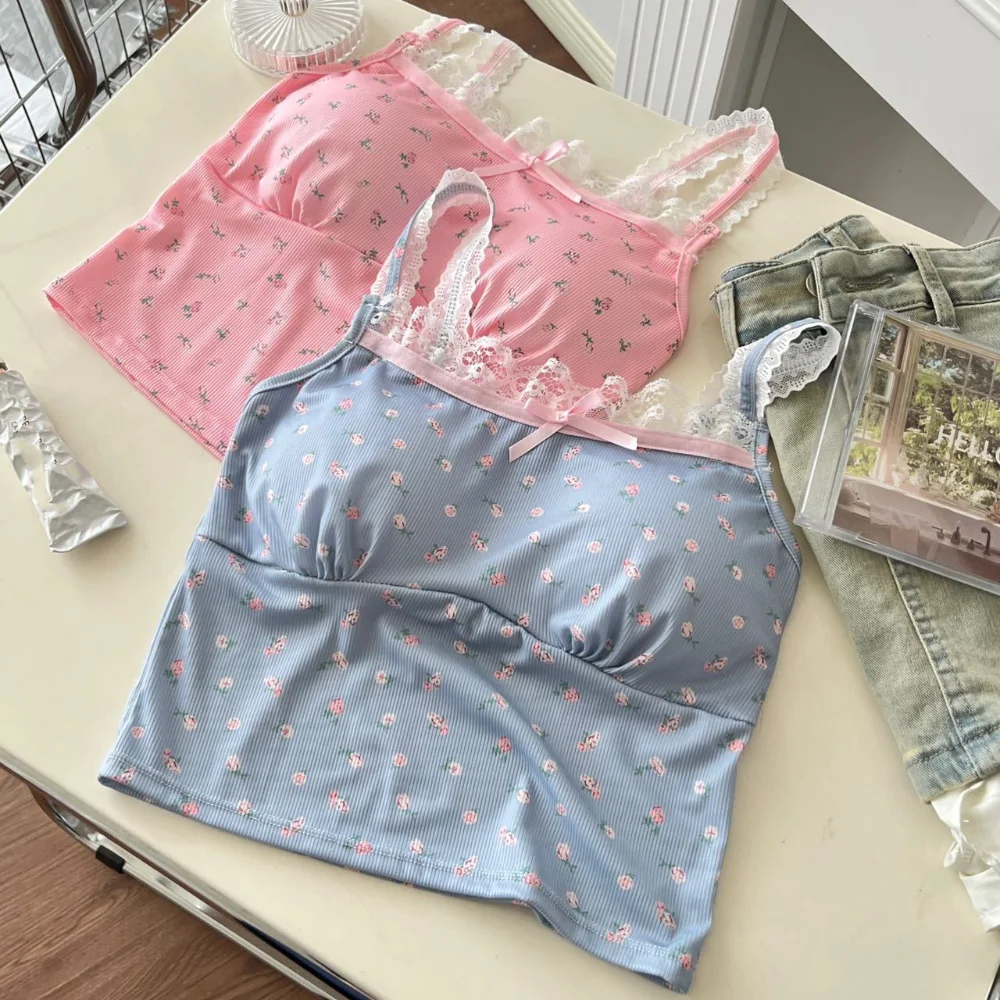 

Casual Ice Silk Floral Crop Top with Pads Korean Lace Bowknot Camisole Beachwear Short Sweet Flower Girl's Tank Top Summer