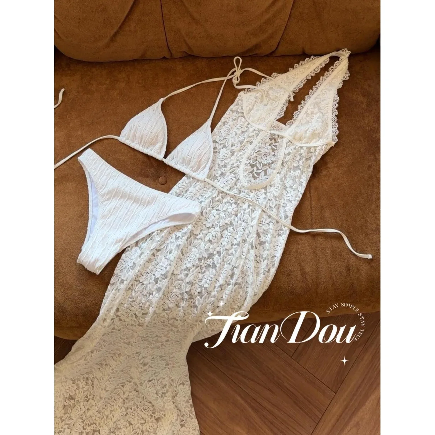 New Summer Women's Fashion Casual Solid Color Hanging Neck Strap Lace Fish Tail Long Dress Split Swimsuit Three Piece Set