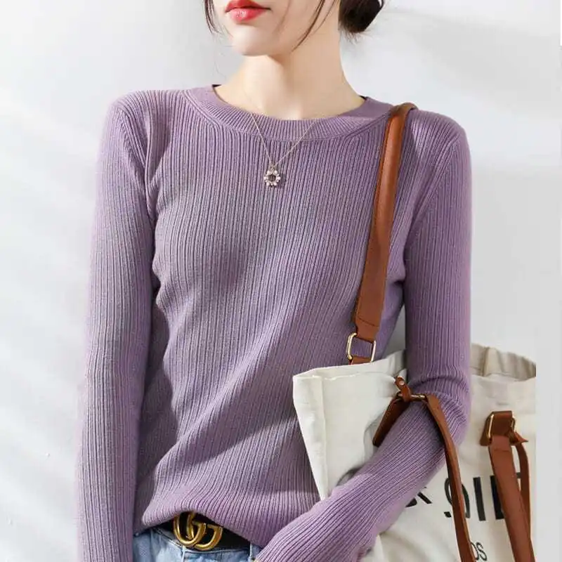 여성용 슬림핏 라운드넥 니트웨어 롱슬리브 오버헤드 소프트 슬레 캐주얼 롱슬리브 라운드넥 스웨터 가을 겨울 신상...