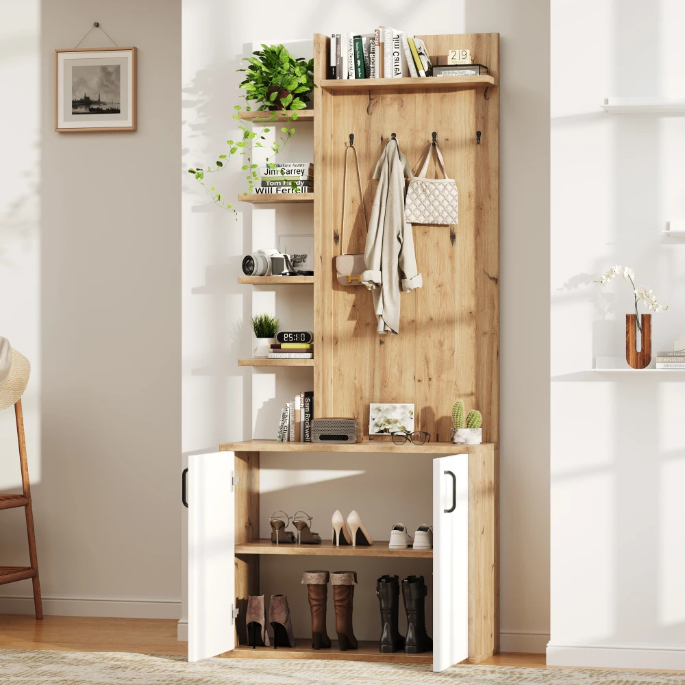 Meuble d'entrée multifonctionnel avec porte-manteau et rangement pour chaussures 75x33x180cm, meuble de couloir avec crochets pour vêtements, armoire de rangement d'entrée à 5 niveaux, étagère de rangement domestique, structure stable, couleur bois naturel et blanc pour entrée.