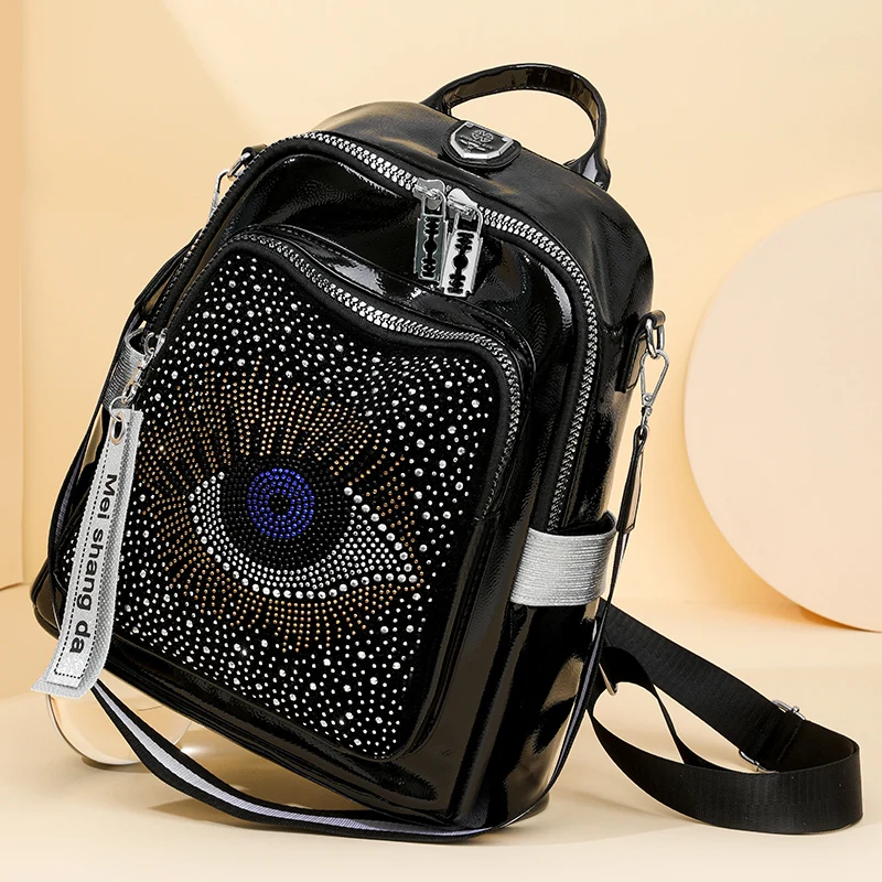 Fashionable Large Capacity Diamond Embellished Women's Backpack Casual Versatile Big Eye Design Dual-Purpose Trendy Shoulder Bag