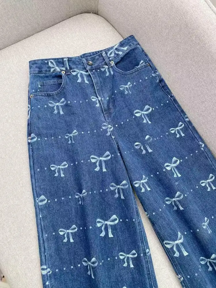 Pantalones vaqueros con estampado de lazo azul para mujer, pantalón informal, de pierna ancha, a la moda, para principios de primavera