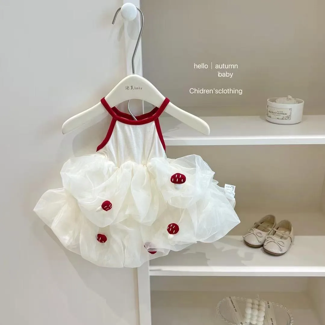

1-6 Years Girls Summer Dress Mushroom Princess Tulle Gown Strapless Net Dress for Kids 80-130cm