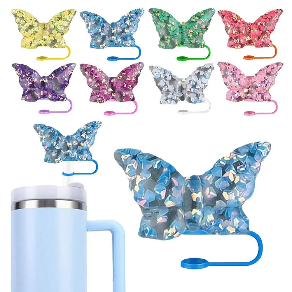 Resin Butterfly Decor Glass Cup Straw Sleeve Cap with 10mm Silicone Straw Plug Sparkling Dust-proof Topper for Beverage