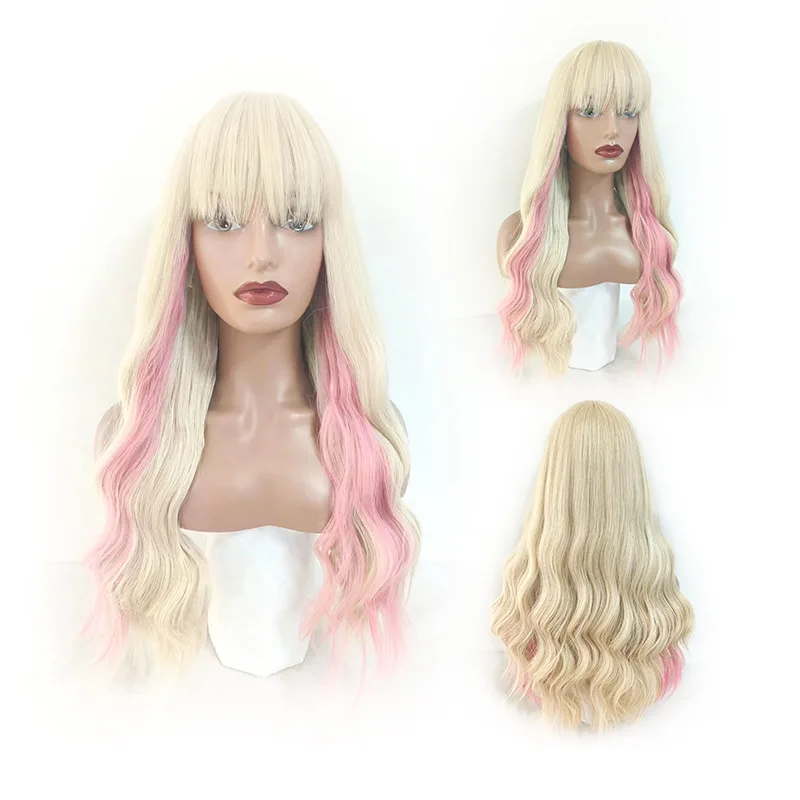

Chemical fiber wig European and American style women's long curly hair, water ripple gold pick pink wig