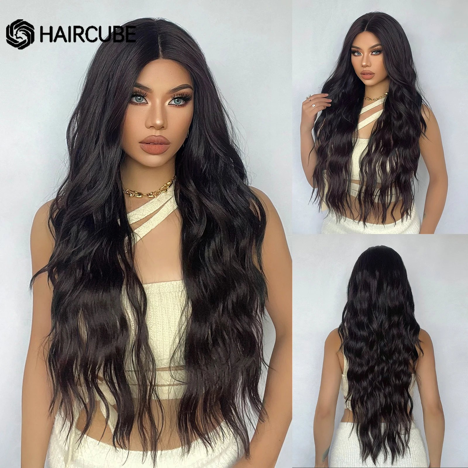 HAIRCUBE Long Wavy Middle Part Lace Front Synthetic Wigs Dark Brown Wigs for Women Daily Cosplay Party Heat Resistant Fiber Wigs