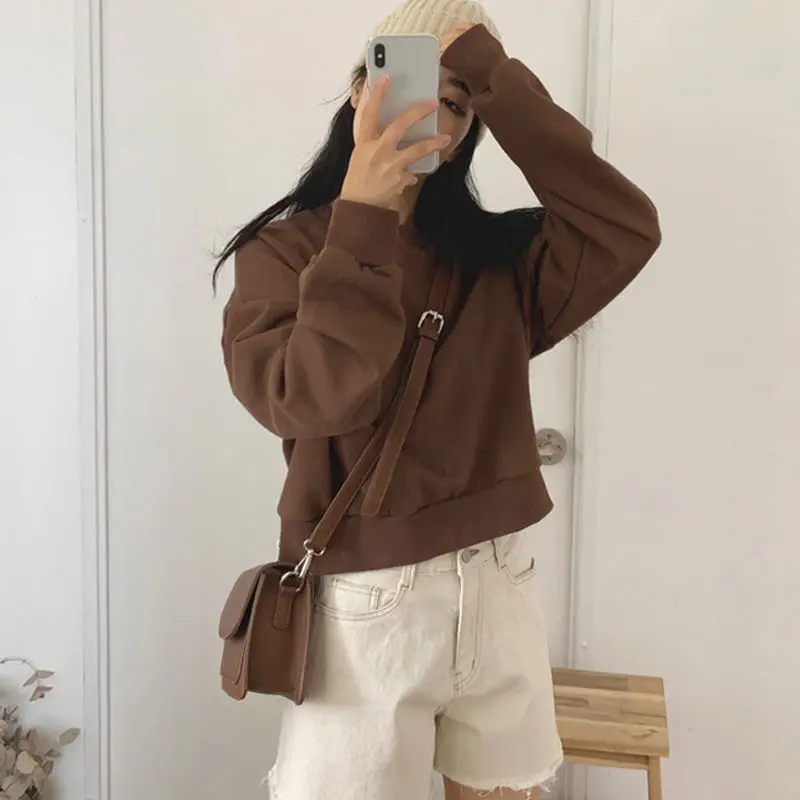 Sweatshirts Women Solid Cropped Basic Simple All-match Casual Korean Style Spring Autumn Teens Femme Clothing Chic New O-neck