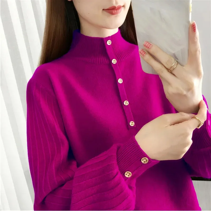 

2025 женский однотонный вязаный топ с высоким воротом, осенний женский свитер с длинными рукавами, корейский женский модный пуловер, вязаный