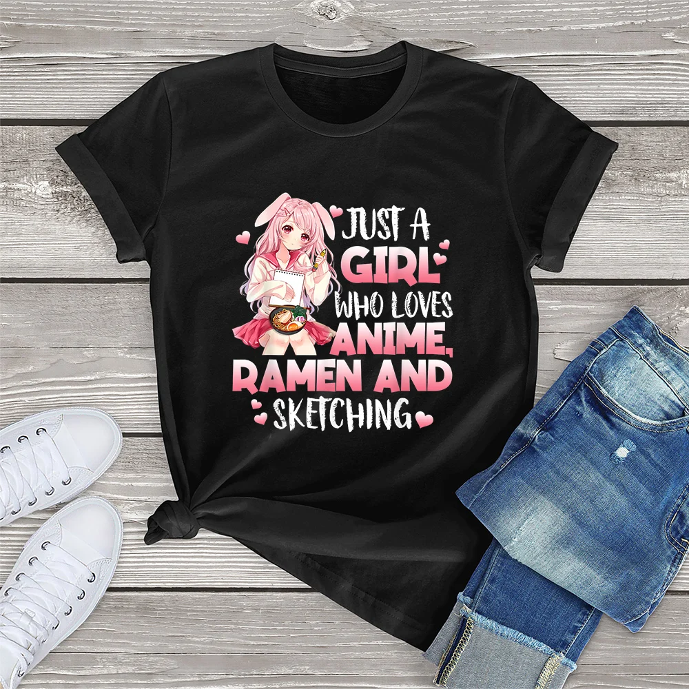 

FLC 100% Cotton Just A Girl Who Loves Anime Ramen and Skething Clothing Gift Women T-Shirt Printed Top Unisex Tee Streetwear