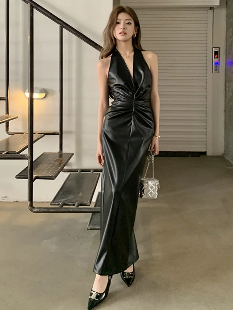 Smthma 2025 nova primavera/verão pendurado pescoço elegante vestido de v profundo couro feminino alta qualidade dobrável sexy sem costas vestido longo