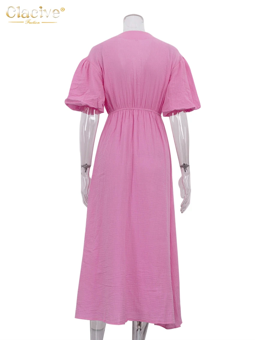 Clacive Sommer Lose Aprikose Baumwolle Frauen Kleid 2025, Sexy V-ausschnitt Kurzarm Knöchel Länge Kleider Elegante Spitze-Up weibliche Kleid