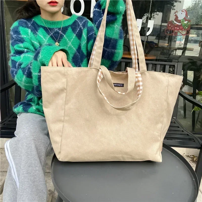 Women Canvas Shoulder Bags Plaid Double-side Large Capacity Handbags Female Shopping Portable Lazy All-match Foldable Tote Bag