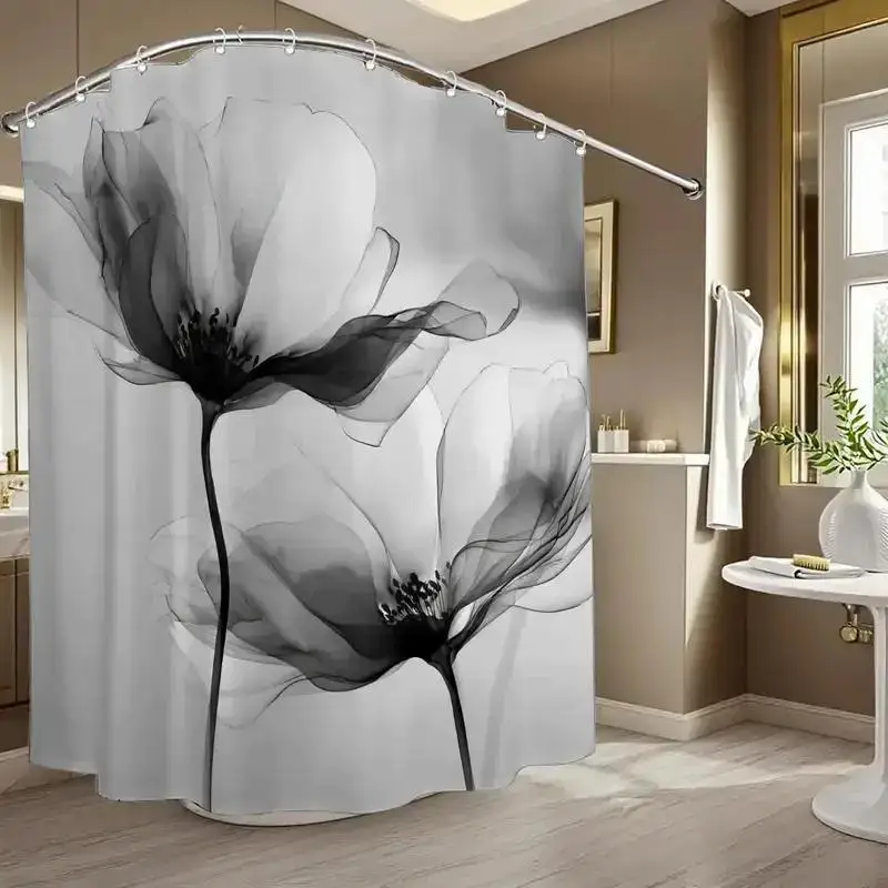 

Минималистичная черно-белая занавеска для душа с цветочным рисунком для современного декора ванной комнаты, элегантный монохромный стиль украшения дома.