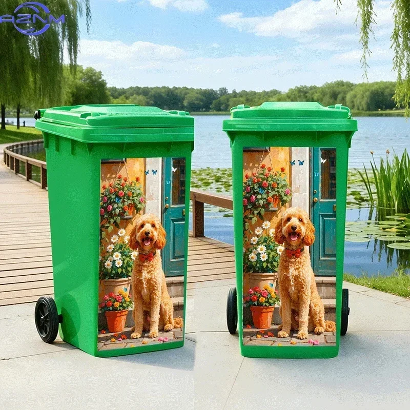 2D 1PCof Trash Can Sticker with a Cute Dog Enjoying Flowers at The Door. This Animal-Themed Design Is a Self-Adhesive Wall Dec