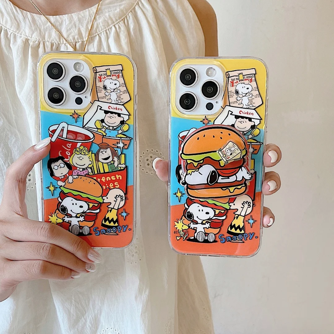 

Snoopy Charlie Brown Peanuts burger Magsafe Wireless Charge Case For iPhone 13 14 15 16Pro Max Cartoon Hamburger Magnetic Stand﻿