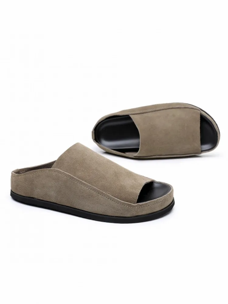 Outside Men Summer Cow Suede Leather Slippers Breathable Thick Platform Flats Shoes Slip On Casual Male Loafers Slides Slippers