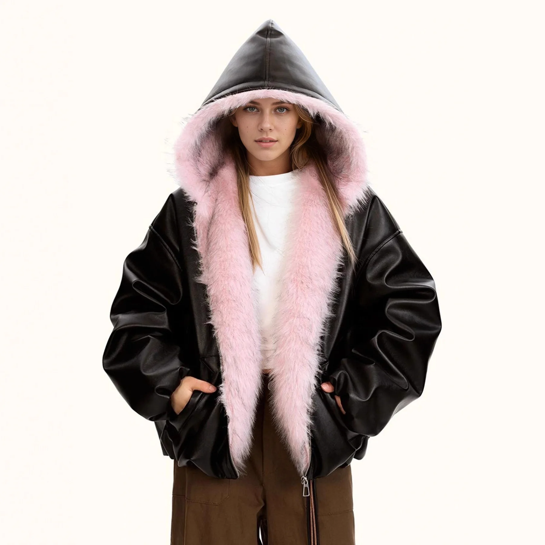 

Fashion pink fur collar PU leather fabric high quality winter warm jackets for women new Y2K garbage clothing casual couple coat
