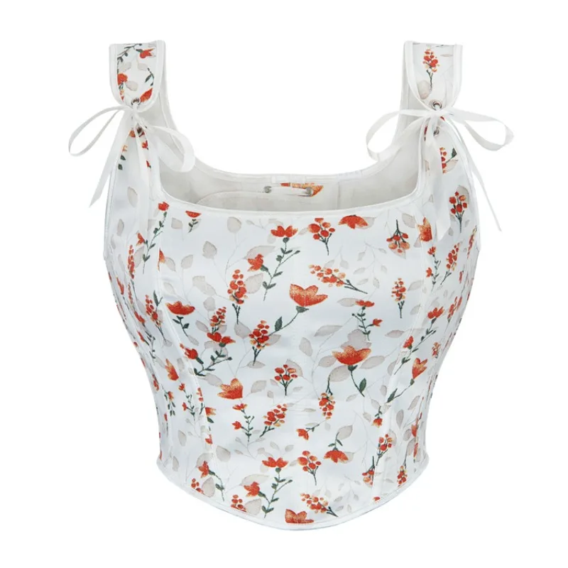 

White Floral Bustier Cropped Double Shoulder Strap Corset Tops for Women Gathering Court Victorian Sexy Bodice Daily Wear XS-XL