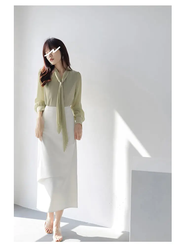 Anyan Chiffon Long Sleeved Accordion Pleated Ribbon Shirt for Women Spring/summer New Simple Commuting Chiffon Shirt for Women