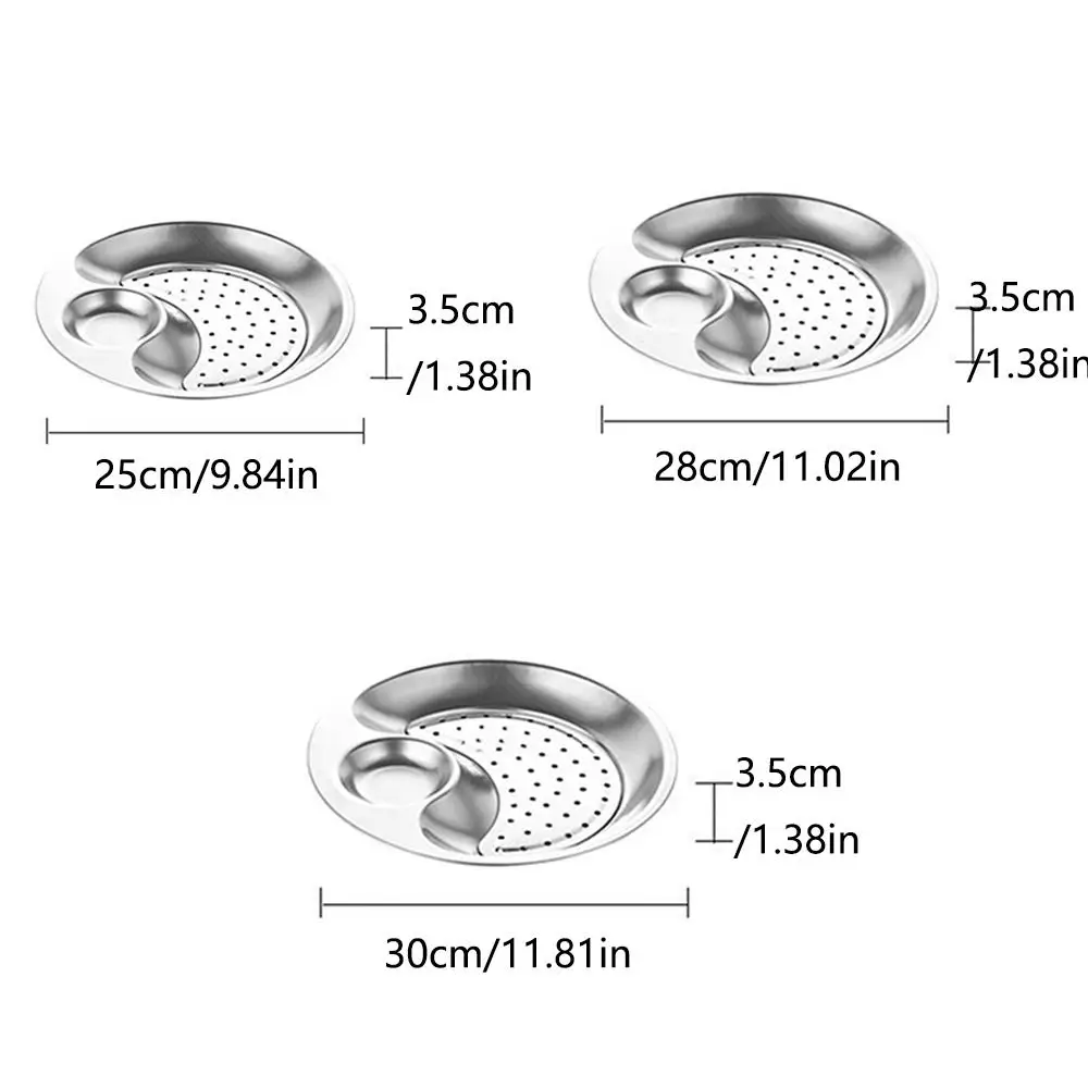 Drain Board Stainless Steel Dumpling Plate Thick Divided Serving Dish with Vinegar Dish Food Grade Flat Bottom