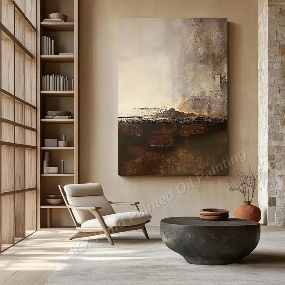 100% Handmade Abstract Oil Painting Original Beige Brown Wall Art Large Size For Home Living Room Decor