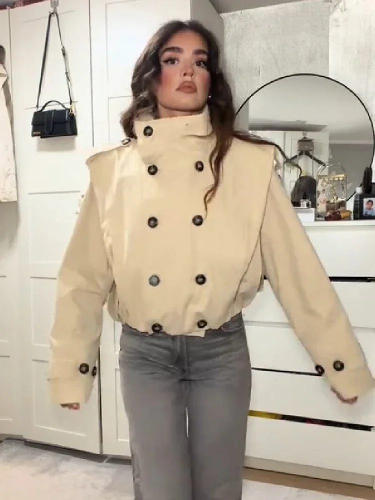 Trendige Stehkragen-Kurzjacke, Modischer Doppelreihiger Langarm-Mantel, Schicker Pendler-Mantel, Herbst 2026 Neu, Tägliche Casual-Streetwear – Detail 9