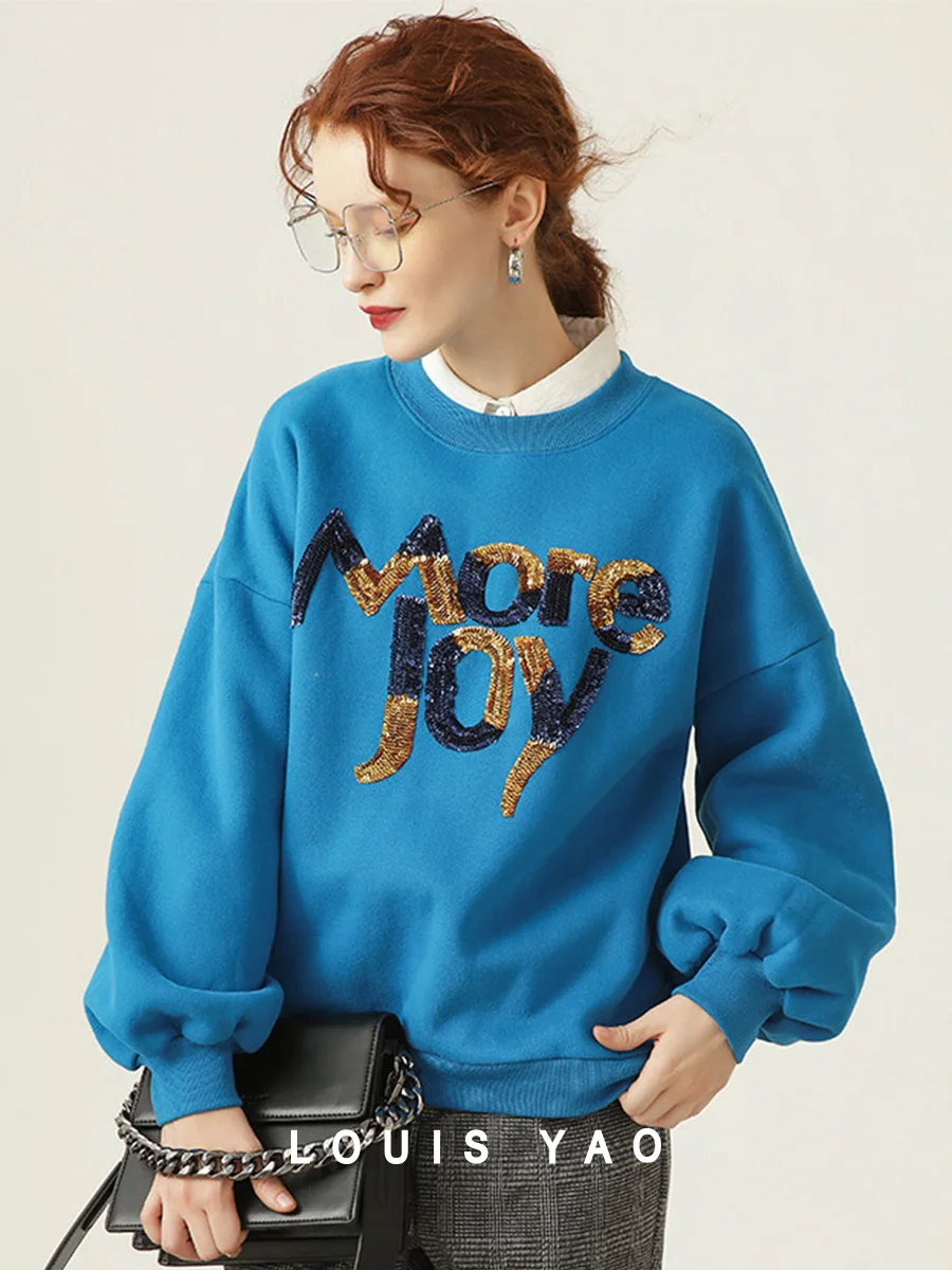 

LOUIS YAO 2025 Autumn/Winter Handmade Bead Embroidered Top Loose Round Neck Long Sleeve with Thick Velvet Women's Hoodie