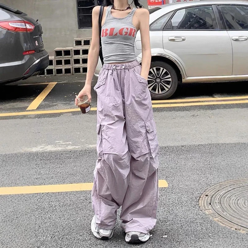 

Брюки-карго женские черные весенне-летние полиэстеровые классические милые в городском стиле быстросохнущие влагоотводящие для музыкальных сборов Y2K