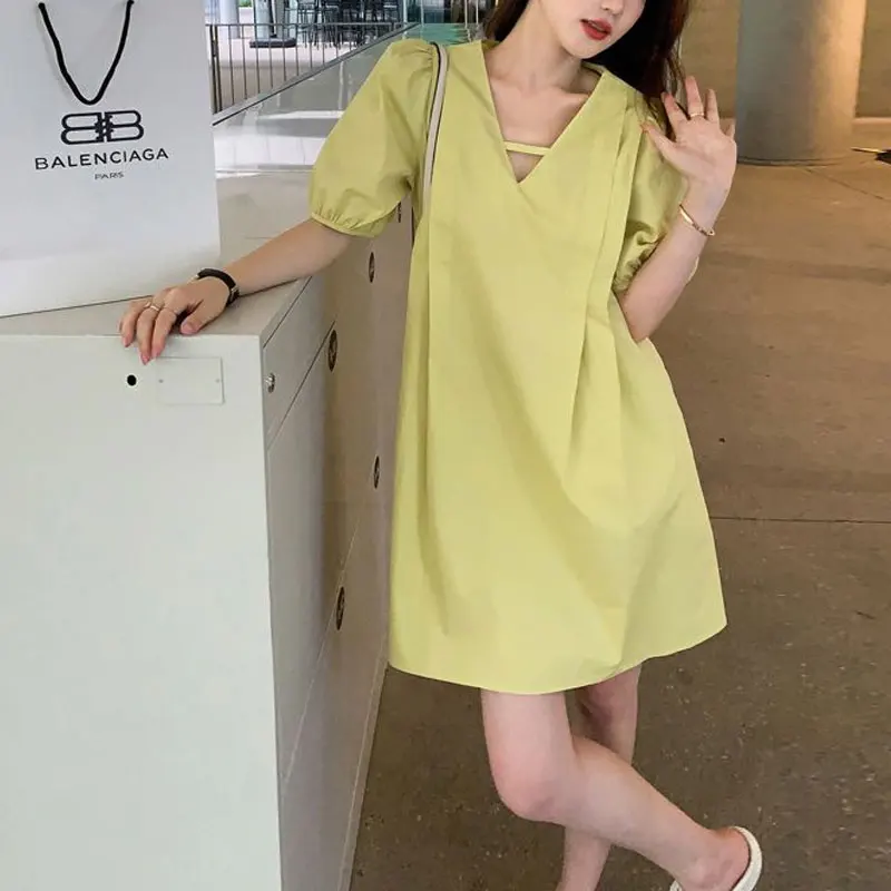 

Women's Clothing Korean V-Neck Dresses Summer Basic Solid Color Loose A-Line Stylish Folds Commute Basic Short Sleeve Midi Dress