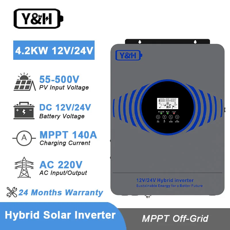 

Гибридный солнечный инвертор Y&H 4200 Вт с двойным напряжением аккумулятора 12 В/24 В, автономный инвертор AC230V MPPT 100A, солнечное зарядное устройство Max PV 4000 Вт BMS
