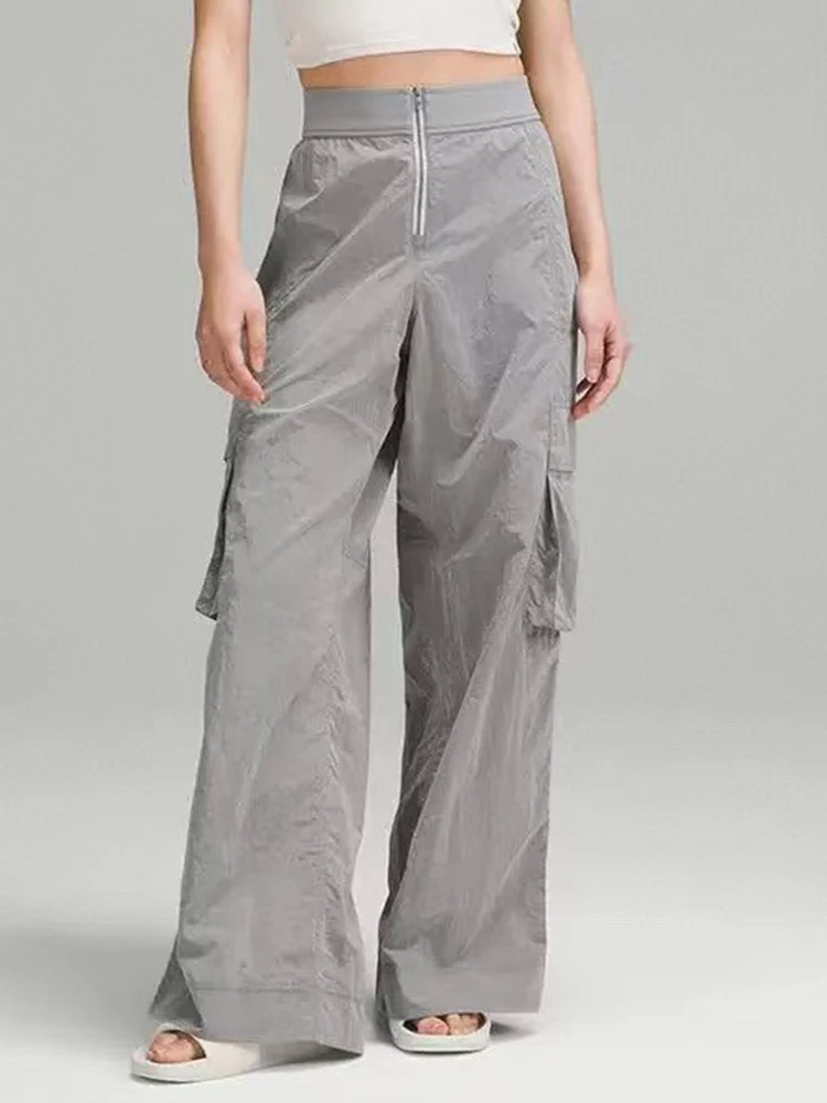 

Design retro gray lightweight quick dry high-waisted overalls 2024 autumn women's new fashion all straight leg wide-leg pants