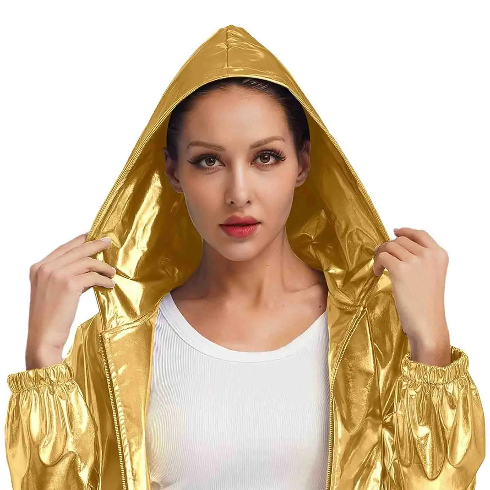 

Женская куртка с капюшоном золотого цвета металлик с длинным рукавом, модная блестящая короткая куртка, пальто для вечеринки, клубная повседневная повседневная одежда