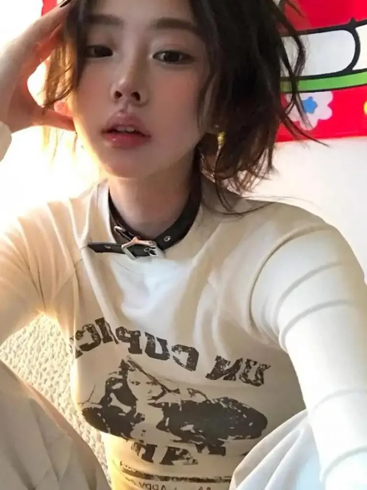 Gothic T Shirt Women Lon Sleeve White Print Graphic Tops Y2k Vintage Tops Streetwear 2000s Japanese Tshirts Autumn