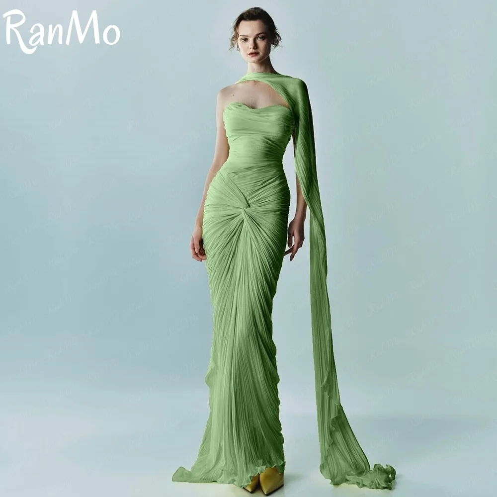 

Ranmo New Customized Modern Green Mermaid Prom Gown Sweetheart Pleats Chiffon Party Dresses with Cape Floor-Length Evening Gown