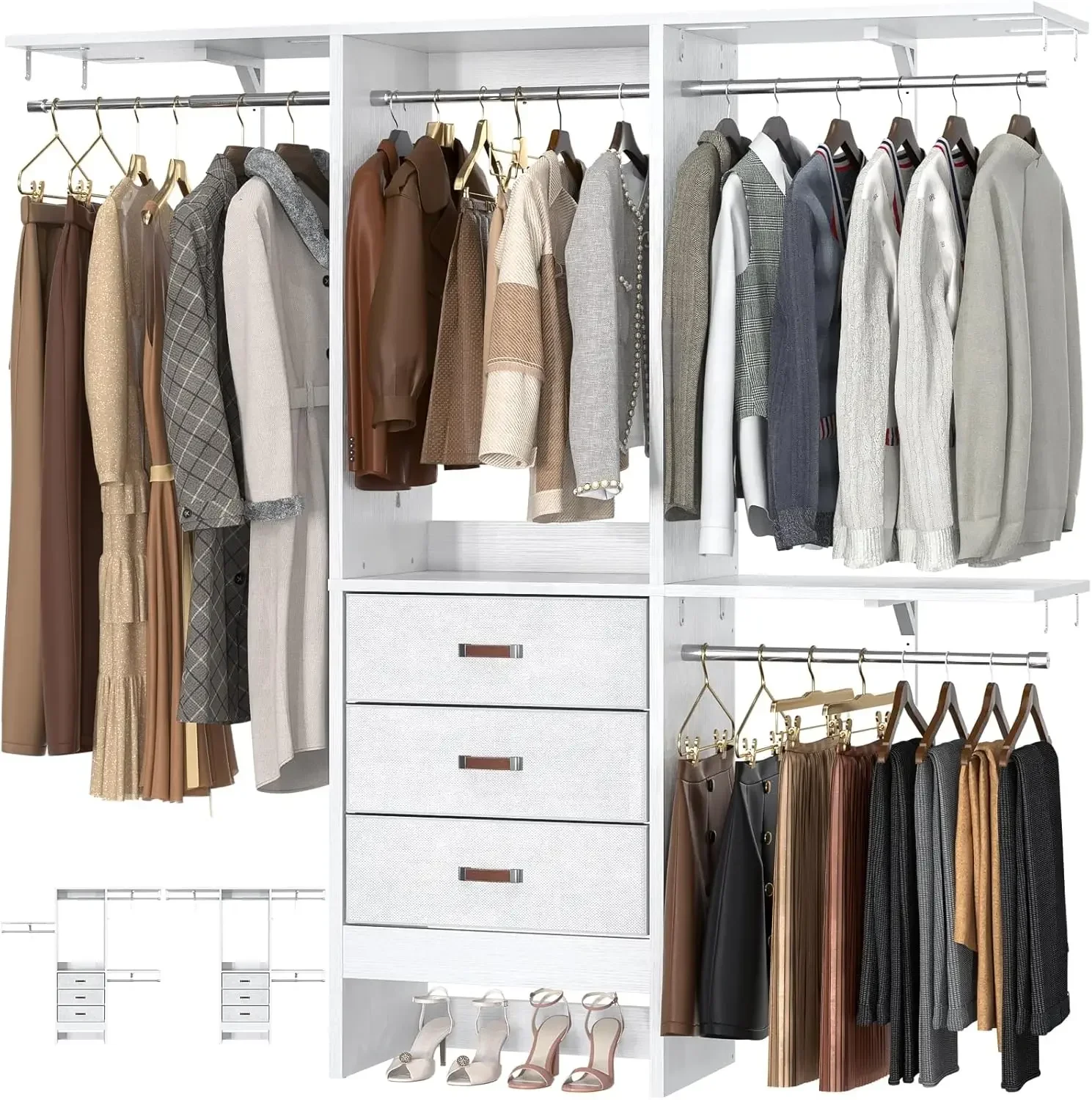 5FT Small Closet System , 60 Inches Walk In Closet Organizer System, Heavy Duty Clothes Rack Built-In Garment Rack,White